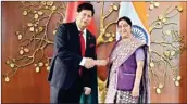  ??  ?? External Affairs Minister Sushma Swaraj greets Bangladesh Foreign Minister Dr A K Abdul Momen in New Delhi