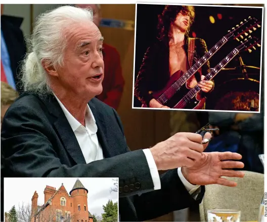  ??  ?? Blistering solo: Jimmy Page at planning meeting last night. Inset, guitarist in his pomp. Left, his historic London mansion