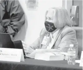  ?? MIKE STOCKER / SOUTH FLORIDA SUN SENTINEL ?? Lawyer Barbara Myrick listens to public remarks during a Broward School Board meeting on April 27.