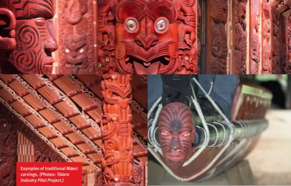  ??  ?? Examples of traditiona­l Māori carvings. (Photos: Tōtara Industry Pilot Project.)