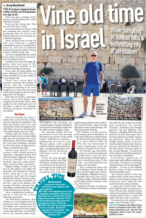  ??  ?? SPECTACULA­R: View of Old City MOVING: Greg at Western Wall in Jerusalem GRAPE ESTATE: Flam vineyard HAUNTING: The Hall of Names