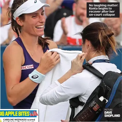  ?? PICTURE: DAVE SHOPLAND ?? No laughing matter: Konta begins to recover after her on-court collapse