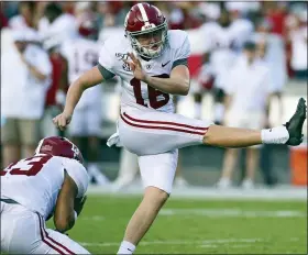  ?? ASSOCIATED PRESS FILE PHOTO ?? Alabama’s Will Reichard has only attempted eight field goals with Alabama having such an explosive offense. But he has made all eight and is perfect on 46 extra-point attempts. He could be called on in more important situations during Saturday’s game against Auburn.
