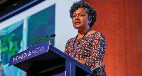  ?? ?? Women in Media Fiji (WiM Fiji) co-founder and Fiji Sun acting publisher/chief executive officer Rosi Doviverata speaking at the 2023 Women in Media Australia conference in Sydney.