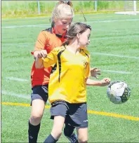  ?? JASON SIMMONDS/JOURNAL PIONEER ?? Savannah Perry, front, of the West Prince Storm and the Eliot River Ramblers’ Meelah Taylor compete for the ball during play in the Under-13 Girls First Division championsh­ip game of the Summerside United Soccer Club’s annual kickoff tournament on...