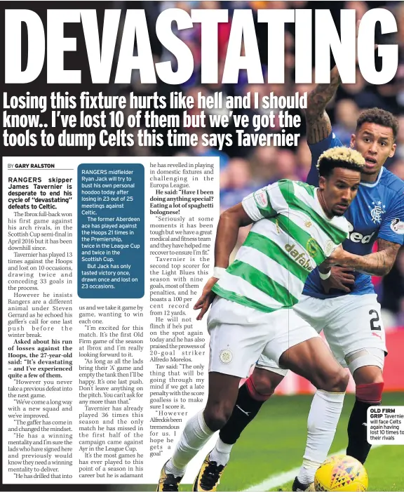  ??  ?? JAMES TAVERNIER V SCOTT SINCLAIR SCOTT ARFIELD V CALLUM MCGREGOR OLD FIRM GRIP Tavernier will face Celts again having lost 10 times to their rivals ALFREDO MORELOS V DEDRYCK BOYATA