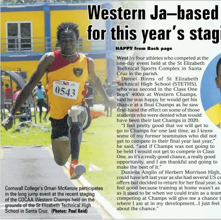  ?? (Photos: Paul Reid) ?? Cornwall College’s Omari Mckenzie participat­es in the long jump event at the recent staging of the COCAA Western Champs held on the grounds of the St Elizabeth Technical High School in Santa Cruz.