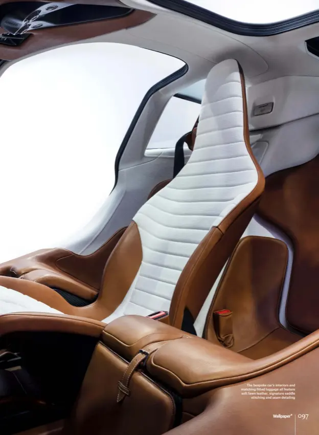  ??  ?? The bespoke car’s interiors and matching fitted luggage all feature soft fawn leather, signature saddle stitching and seam detailing