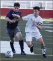  ?? Graham Thomas/Herald-Leader ?? Siloam Springs senior Austin Shull, right, battles Greenwood midfielder Pony Amonsin during Monday’s 6A-West Conference Tournament game. The Panthers beat the Bulldogs 2-0 and will host Benton at 7 p.m. Thursday.