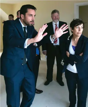  ??  ?? Vision: Housing Minister Eoghan Murphy talks to Margaret Geraghty, director of the housing and community department at Fingal County Council, during the visit to the Fingal homes