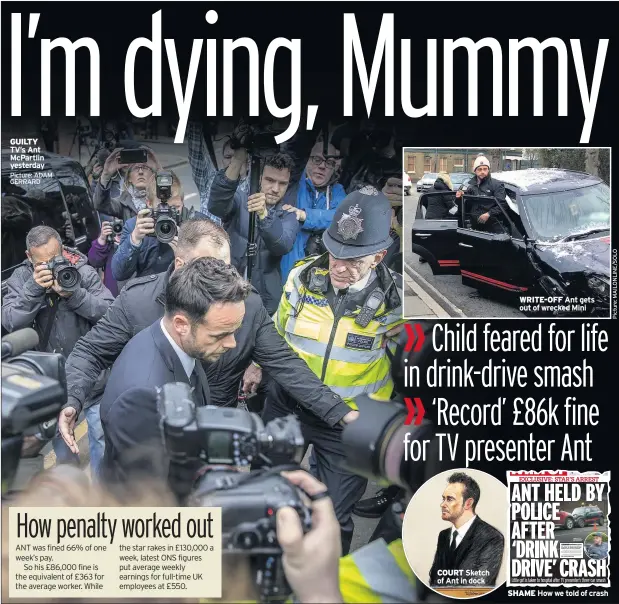  ??  ?? GUILTY TV’s Ant McPartlin yesterday Picture: ADAM GERRARD COURT Sketch of Ant in dock WRITE-OFF Ant gets out of wrecked Mini SHAME How we told of crash