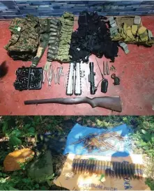  ?? ?? Photos released by the Western Mindanao Command show the recovered war materiel from Basilan's Ungkaya Pukan town where troops are pursuing Abu Sayyaf terrorists.