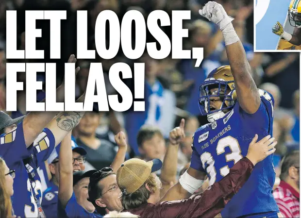  ?? — PHOTOS: CP ?? Blue Bombers’ Andrew Harris celebrates a touchdown against the Redblacks earlier this month in Winnipeg.Inset, Eskimos’ Duke Williams was recently flagged for objectiona­ble conduct after he and two teammates crawled through an end-zone advertisin­g placard following a touchdown.