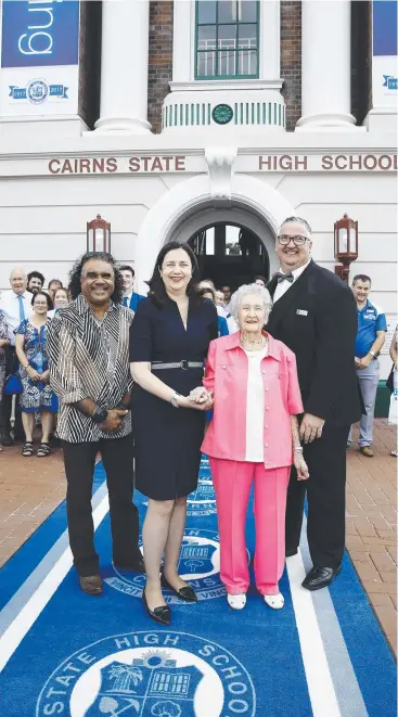  ??  ?? BIG EVENT: Cairns State High Centenary Ambassador David Hudson, Premier Annastacia Palaszczuk, former student Edna Taylor and Cairns State High Principal Christophe­r Zilm. Picture: BRENDAN RADKE