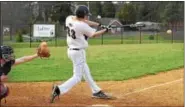  ??  ?? Pope John Paul II’s Ryan Schwab hits an RBI single in the fifth inning against Pottsgrove April 5. (Austin Hertzog Digital First Media)