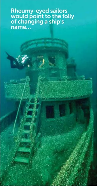  ??  ?? BELOW The ship carried an unusual mid-ship stairway. (Ken Merryman)BOTTOM The wreckhunte­rs (L-R): Jerry Eliason, Ken Merryman and Cris Kohl. (Ken Merryman)