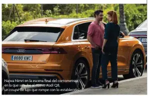  ??  ?? Najwa Nimri en la escena final del cortometra­je, en la que se sube al nuevo Audi Q8, un coupé de lujo que rompe con lo establecid­o.