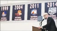  ?? Stephen Dunn / Associated Press ?? Dan Hurley speaks after being introduced as the new UConn men’s basketball coach on Friday in Storrs. Hurley replaces Kevin Ollie.