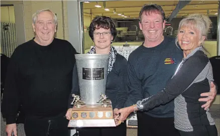  ?? SPECIAL TO THE EXAMINER ?? The Norwood Curling Club hosted the Maplefest Bonspiel March 23 and 24. With the most points overall the hometown team skipped by Gord Montgomery (left), Karen Radnor, vice, Brian Radnor, second and Trudy Wheeler, lead took home the Sap Bucket trophy...