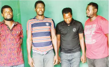  ?? Photo: NPF Lagos Command ?? SARS operatives, Sgt. Adeoye Adekunle, Sgt. Adeniran Adebowale, Sgt. Agbi Lucky and Sgt. Odighe Hehosa, after they found guilty and dismissed from the force by an orderly room trial instituted by the Police for alleged profession­al misconduct, corrupt...