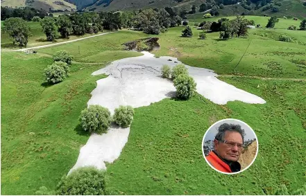  ??  ?? The mud volcano formed between two farms in the Waimata Valley, near Gisborne. Inset: Gisborne District Council scientist Dr Murry Cave said the origins of mud volcanoes ‘‘are a wee bit enigmatic’’.