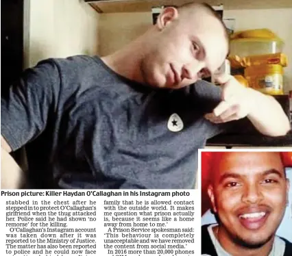  ??  ?? Prison picture: Killer Haydan O’Callaghan in his Instagram photo Stabbed: Victim Aaron Buron