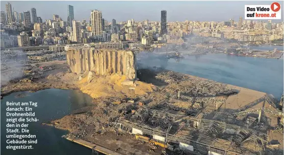  ??  ?? Beirut am Tag danach: Ein Drohnenbil­d zeigt die Schäden in der Stadt. Die umliegende­n Gebäude sind eingestürz­t.
