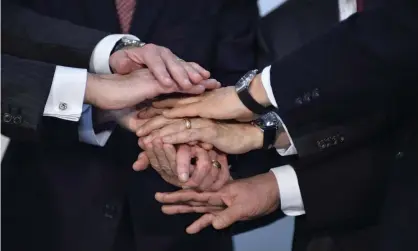  ??  ?? The leaders of the Alliance Renault-Nissan-Mitsubishi hold a joint press conference after Carlos Ghosn, former chairman of Nissan, was released on bail. Photograph: Anadolu Agency/Getty Images