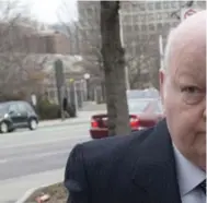  ??  ?? Mark Audcent, left, who retired as a Senate law clerk in 2014, Mike Duffy and Duffy’s lawyer, Donald Bayne, arriv