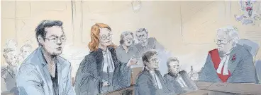  ?? COURT SKETCH BY ALEXANDRA NEWBOULD / THE CANADIAN PRESS ?? From left, Karim Baratov; Crown Heather Graham; Baratov’s parents Dinara and Akhmet Tokbergeno­v; defence lawyers Deepak Paradkar and Amedeo DiCarlo; and Justice Alan Whitten attend Baratov’s bail hearing in Hamilton, Ont., Tuesday.