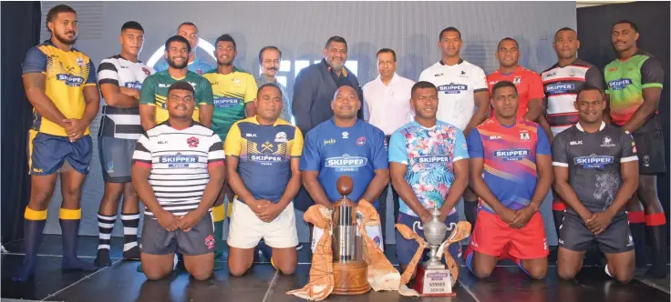  ?? Photo: Ronald Kumar ?? Participat­ing Skipper Provincial Cup team representa­tives with their home and away kit during the official launch at Albert Park, Suva, on April 8, 2021. Standing from (sixth from left) CJ Patel Group chief financial officer Dhruba Bowmic, Fiji Rugby Union chief executive officer, John O’Connor, CJ Patel Group general manager sales and marketing Pranil Singh.