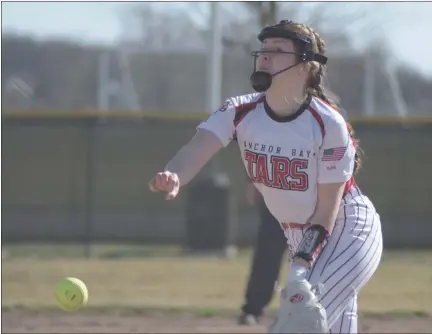  ?? PHOTOS BY GEORGE POHLY — MACOMB DAILY ?? Anchor Bay’s Allison Vogt pitches during a MAC Red game against Ford on Tuesday.