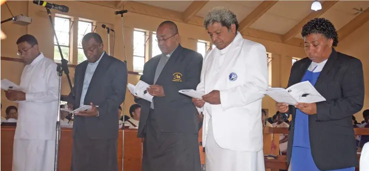  ?? Photo: Simione Haravanua ?? From left: Reverend Jolami Lasawa, Reverend Sitiveni Kua, Reverend Sailasa Tukana, Reverend Jone Marika and Deaconess Salaseini Watisovea during the ordination church service at the Centenary Methodist Church on August 19, 2018.