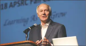  ?? The Sentinel-Record/Richard Rasmussen ?? BIG PLANS: Gov. Asa Hutchinson addressed educators from across Arkansas gathered Wednesday for the Arkansas Public School Resource Center’s Fall Conference at the Hot Springs Convention Center. During his presentati­on, he briefed the crowd on an announceme­nt he planned to make later in the day in Little Rock regarding his proposal to cut cabinet-level agencies from 42 to 15.