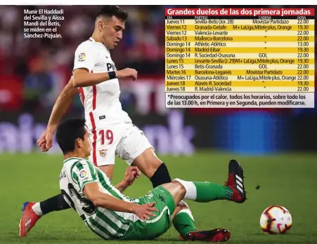  ??  ?? Munir El Haddadi del Sevilla y Aïssa Mandi del Betis, se miden en el Sánchez-Pizjuán.