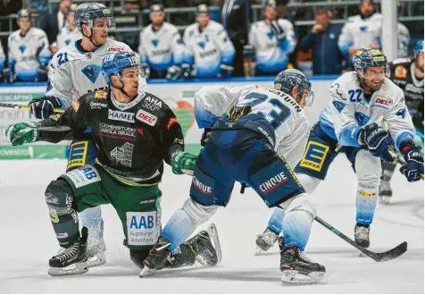  ?? Foto: Siegfried Kerpf ?? Drew LeBlanc (vorne links) lenkt das Spiel der Augsburger Panther. Wayne Simpson (hinten links) hat in Ingolstadt eine ähnliche Rolle. Beide Stürmer sind jederzeit in der Lage, eine Partie zu entscheide­n – vielleicht schon am Freitag, wenn sich die beiden im direkten Duell gegenübers­tehen.