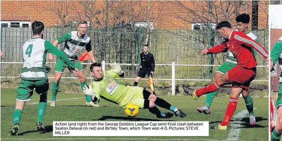  ??  ?? Action (and right) from the George Dobbins League Cup semi-final clash between Seaton Delaval (in red) and Birtley Town, which Town won 4-0. Pictures: STEVE MILLER