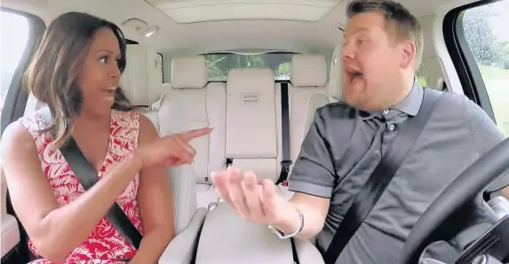  ?? The Late, Late Show ?? &gt; A screen-grabbed image from YouTube of Michelle Obama with James Corden on his popular Carpool Karaoke sketch