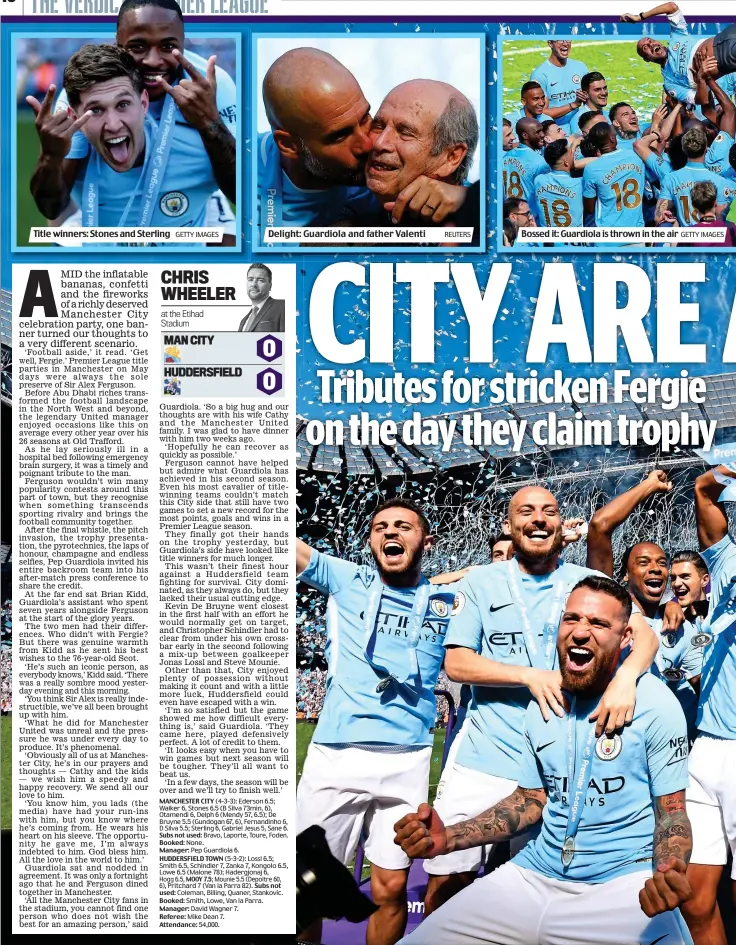  ?? GETTY IMAGES REUTERS GETTY IMAGES ?? Title winners: Stones and Sterling Delight: Guardiola and father Valenti Bossed it: Guardiola is thrown in the air