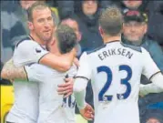  ?? REUTERS PHOTO ?? Harry Kane (left) celebrates Tottenham's second goal in the match against Watford on Sunday.