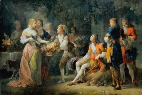  ??  ?? Ci-dessous, Louis XIV déclare sa flamme à Louise, la première femme qui le fait vraiment aimer. Tableau de Jean-Frédéric Schall.