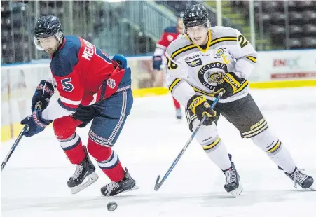  ?? DARREN STONE, TIMES COLONIST ?? Grizzlies winger Ryan Nolan breaks around Capitals defenceman David Melaragni on Friday at The Q Centre.