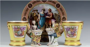  ??  ?? The art of porcelain expressed in a pair of late 18th century Meissen Rococo bouquetièr­e figures, a pair of early 19th century Coalport bucket shaped jardinères, and a later 19th century Vienna Neo-Classical charger.