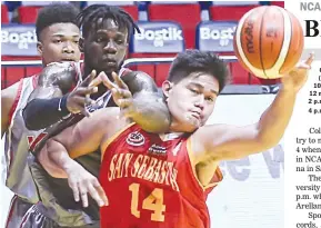  ??  ?? Lyceum’s Mike Nzeusseu, left, comes down empty-handed in a rebound play with San Sebastian’s Jesse Sumoda during Monday’s NCAA basketball game at the Filoil Flying V Arena in San Juan. Lyceum won 88-70 for its 10th straight win. (Rio Leonelle Deluvio)