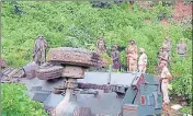  ??  ?? An army vehicle skidded off the road and fell into a gorge near Karua Nala along the KatraReasi road in Jammu on Friday.