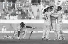  ?? REUTERS ?? England's Tom Hartley celebrates after taking the wicket of India's Srikar Bharat during a Test match in Hyderabad on Sunday.