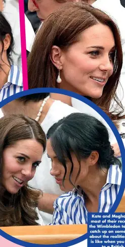  ??  ?? Kate and Meghan made the most of their recent outing to the Wimbledon tennis finals to catch up on some girly gossip about the realities of what life is like when you are married to a British prince.