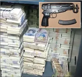  ??  ?? HOARD: Bundles of cash and, inset, a machine gun found in the NCA raids