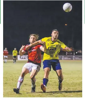  ?? Picture: Gold Coast Knights ?? United defender Blake Thompson and Knights midfielder Max Brown fight for the ball.