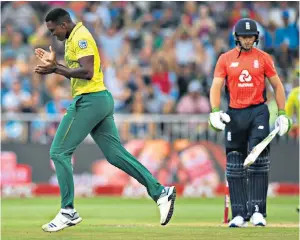  ??  ?? Out of touch: Lungi Ngidi dismisses Jos Buttler for just two in the second T20 Internatio­nal in Durban on Friday